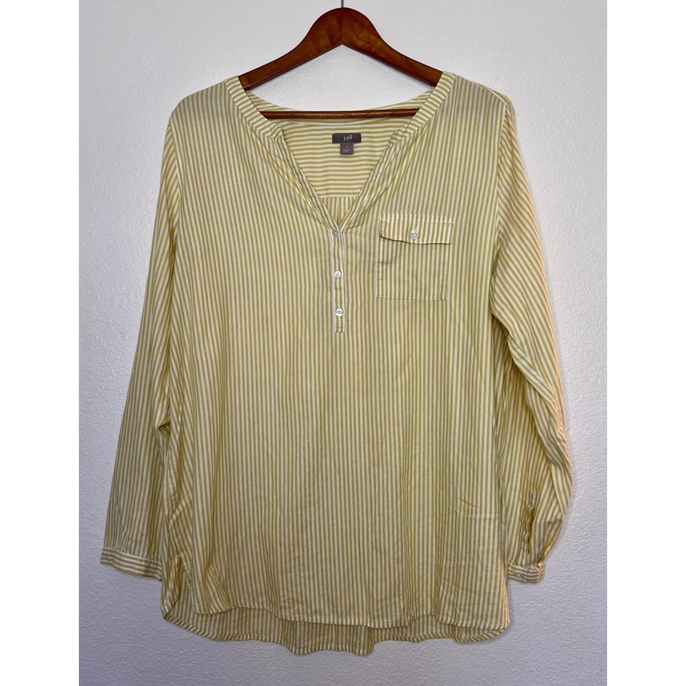 J. Jill Yellow White Striped Cotton Roll Tab Sleeve Tunic Blouse Large